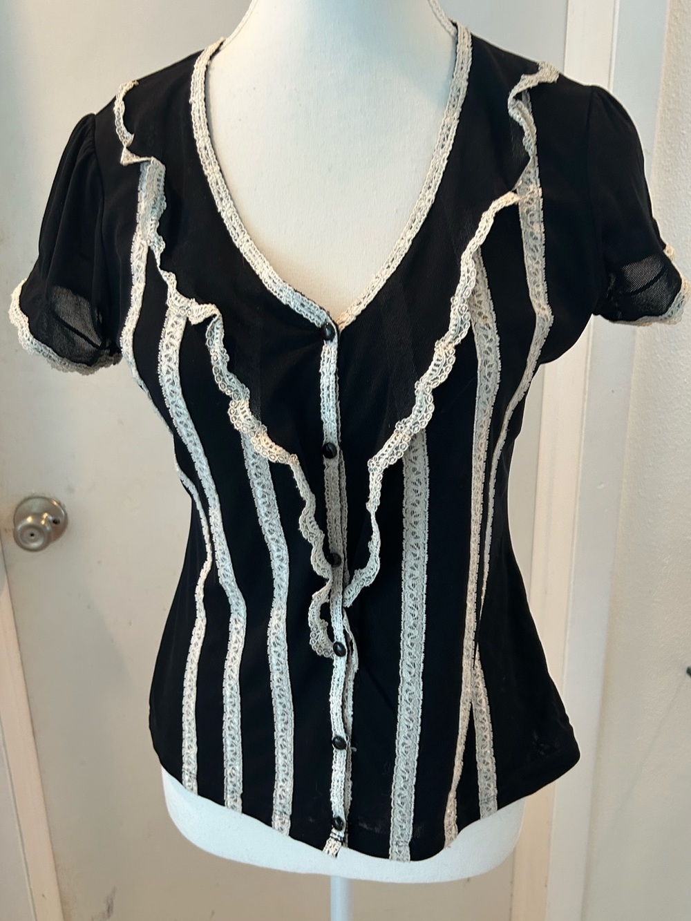 INC International Concepts Black Blouse with Cream Lace Trim